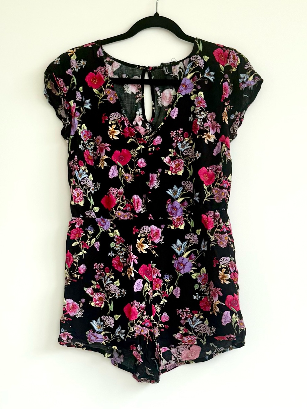 Forever 21 Black Floral Short-Sleeve Tunic Romper - Pink & Purple Accents